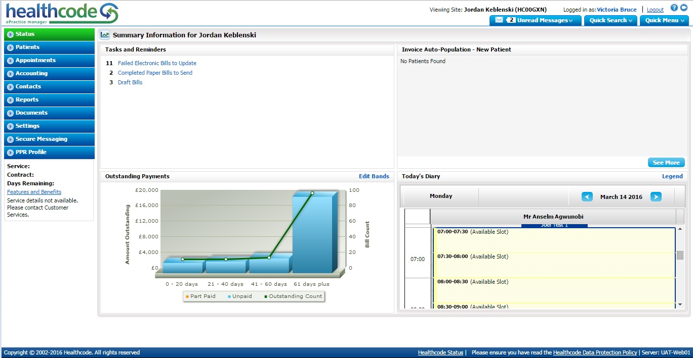 Screen shot of Healthcode's ePractice 